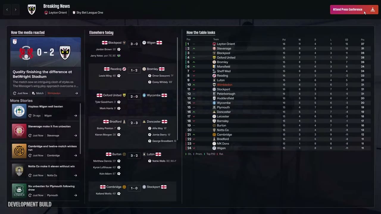 Pantalla de noticias de última hora de FM27 con la reacción de los medios, resultados de otros partidos y la tabla